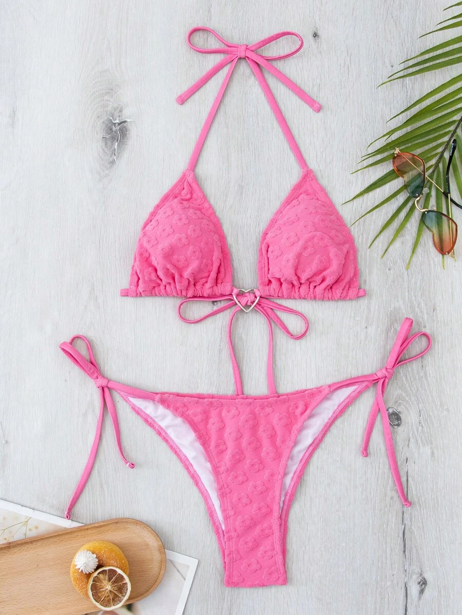 SHEIN Heart Ring Linked Halter Triangle Tie Side Bikini Set For Summer Beach - Pink - View 1