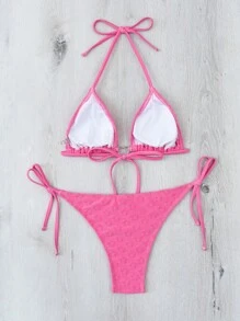 SHEIN Heart Ring Linked Halter Triangle Tie Side Bikini Set For Summer Beach - Pink - View 2