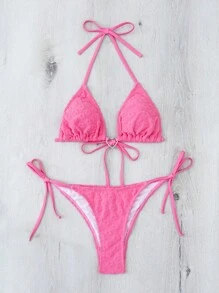 SHEIN Heart Ring Linked Halter Triangle Tie Side Bikini Set For Summer Beach - Pink - View 3