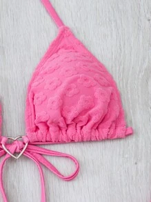 SHEIN Heart Ring Linked Halter Triangle Tie Side Bikini Set For Summer Beach - Pink - View 4