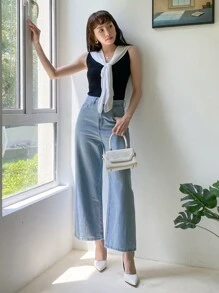 DAZY Colourblock Tie Front Knit Top - Black and White - View 9