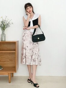 DAZY Colourblock Tie Front Knit Top - Black and White - View 10