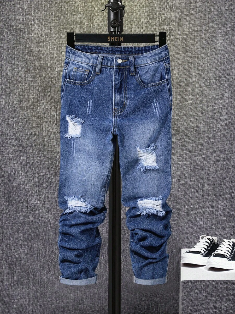 SHEIN Bé Trai Quần Jeans Nút Túi Bị tách Dây kéo Denim mùa giặt màu trơn - Rửa tối - Xem 1
