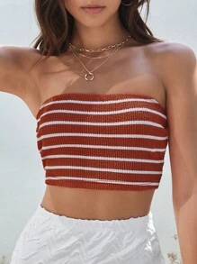 SHEIN VCAY 條紋印花短款抹胸上衣 - 亮橙色 - 查看 3