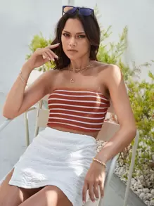 SHEIN VCAY 條紋印花短款抹胸上衣 - 亮橙色 - 查看 5