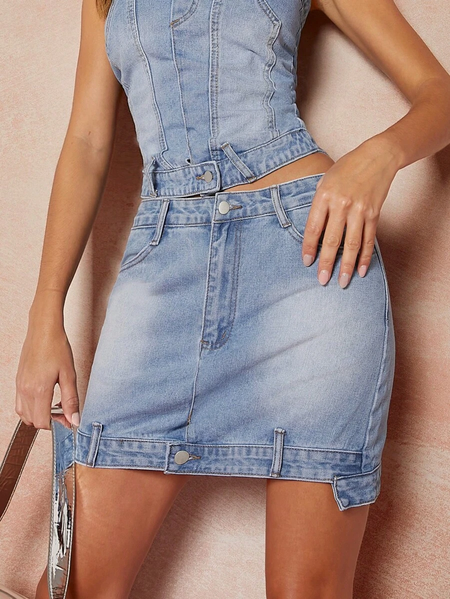 Asymmetric Upside-Down Denim Skirt - Light Wash - View 1