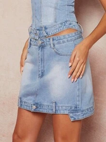 Asymmetric Upside-Down Denim Skirt - Light Wash - View 3