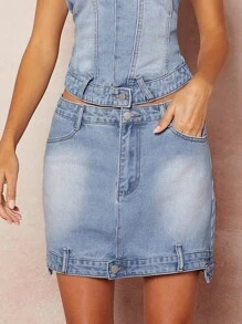 Asymmetric Upside-Down Denim Skirt - Light Wash - View 4