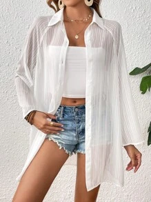 SHEIN VCAY Raglan Sleeve Button Front Kimono Without Camisole - White - View 1