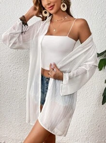 SHEIN VCAY Raglan Sleeve Button Front Kimono Without Camisole - White - View 5