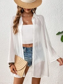 SHEIN VCAY Raglan Sleeve Button Front Kimono Without Camisole - White - View 6