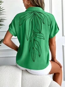 EURMUSE 植物圖案口袋貼布下擺打結襯衫 - 綠色 - 查看 2