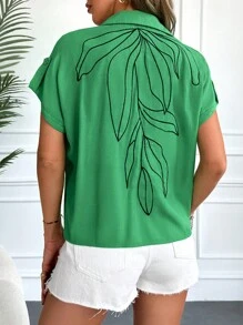 EURMUSE 植物圖案口袋貼布下擺打結襯衫 - 綠色 - 查看 4