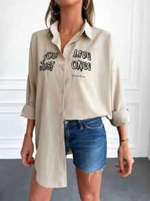 EURMUSE Slogan Graphic Drop Shoulder Shirt - Màu be - Xem 1