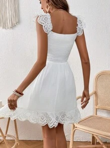 SHEIN VCAY Eyelet Embroidery Ruffle Trim Dress - White - View 2