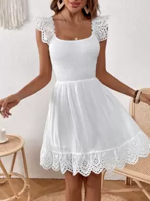 SHEIN VCAY Eyelet Embroidery Ruffle Trim Dress - White - View 5
