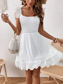 SHEIN VCAY Eyelet Embroidery Ruffle Trim Dress - White - View 6