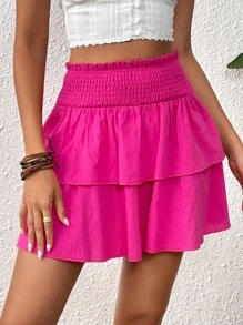 SHEIN VCAY 高腰雙層下擺打褶腰帶半身裙 - 玫紅色 - 查看 1