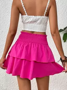 SHEIN VCAY 高腰雙層下擺打褶腰帶半身裙 - 玫紅色 - 查看 2