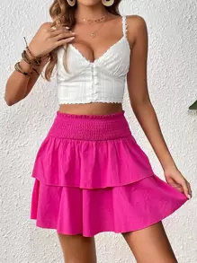 SHEIN VCAY 高腰雙層下擺打褶腰帶半身裙 - 玫紅色 - 查看 4