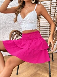 SHEIN VCAY 高腰雙層下擺打褶腰帶半身裙 - 玫紅色 - 查看 6