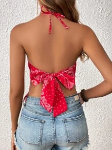 Soleia 佩斯利絲巾圖案流蘇下擺後背繫帶掛脖上衣 - 紅白色 - 查看 2