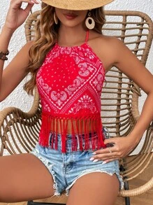 Soleia 佩斯利絲巾圖案流蘇下擺後背繫帶掛脖上衣 - 紅白色 - 查看 4