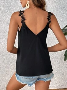 SHEIN VCAY Áo khoác và áo lót dành cho xe tăng nữ Đề can Tương phản ren màu trơn Giải trí - màu đen - Xem 2