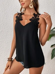 SHEIN VCAY Áo khoác và áo lót dành cho xe tăng nữ Đề can Tương phản ren màu trơn Giải trí - màu đen - Xem 3