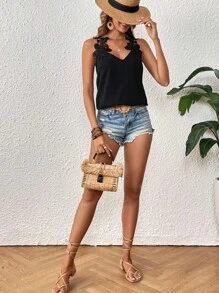 SHEIN VCAY Áo khoác và áo lót dành cho xe tăng nữ Đề can Tương phản ren màu trơn Giải trí - màu đen - Xem 5