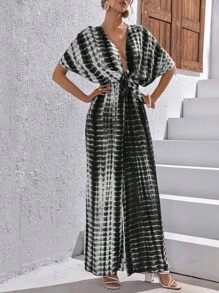 SHEIN VCAY 紮染前繫帶闊腿連體褲 - 黑色 - 查看 5