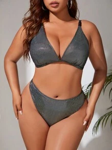 SHEIN Plus Size Metallic Bikini Set Summer Beach - Black - View 1