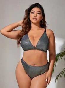SHEIN Plus Size Metallic Bikini Set Summer Beach - Black - View 3