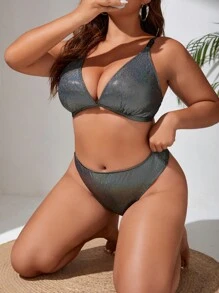 SHEIN Plus Size Metallic Bikini Set Summer Beach - Black - View 5