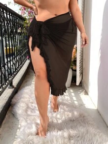 Swim Vcay Falda de pareos ribete con fruncido cruzado con nudo lateral sin fondo de bikini - Negro - Ver 1