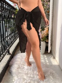 Swim Vcay Falda de pareos ribete con fruncido cruzado con nudo lateral sin fondo de bikini - Negro - Ver 4