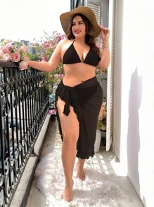 Swim Vcay Falda de pareos ribete con fruncido cruzado con nudo lateral sin fondo de bikini - Negro - Ver 5