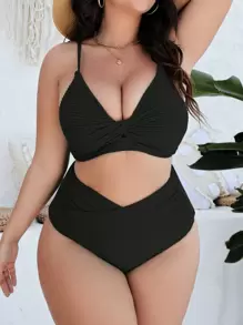 SHEIN Swim Curve Summer Beach Plus Size Twist Front Bikini Set - Black - View 3