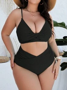 SHEIN Swim Curve Summer Beach Plus Size Twist Front Bikini Set - Black - View 5