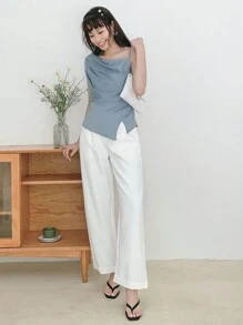 DAZY 纯色垂坠不对称下摆衬衫外出上衣 - 藍色 - 查看 10