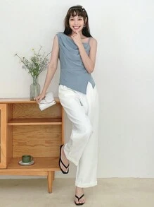 DAZY 纯色垂坠不对称下摆衬衫外出上衣 - 藍色 - 查看 11