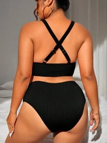SHEIN Swim Curve Conjunto de bikini de punto acanalado liso de talla grande para playa de verano - Negro - Ver 2