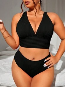 SHEIN Swim Curve Conjunto de bikini de punto acanalado liso de talla grande para playa de verano - Negro - Ver 4