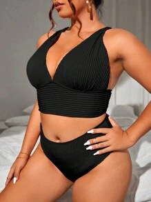SHEIN Swim Curve Conjunto de bikini de punto acanalado liso de talla grande para playa de verano - Negro - Ver 5