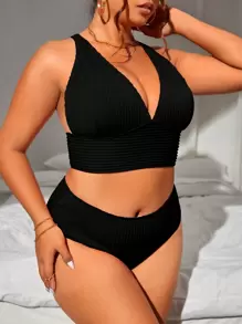 SHEIN Swim Curve Conjunto de bikini de punto acanalado liso de talla grande para playa de verano - Negro - Ver 6