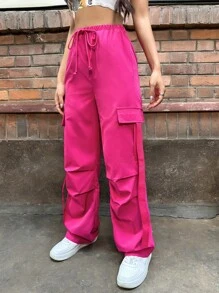 SHEIN Unity 側翻蓋口袋腰部抽繩工裝褲 - 玫紅色 - 查看 5