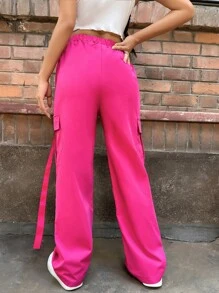 SHEIN Unity 側翻蓋口袋腰部抽繩工裝褲 - 玫紅色 - 查看 2