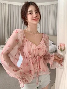 DAZY 印花綁帶前短袖傘裙襯衫 - 粉色 - 查看 1