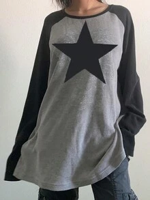 星星印花插肩袖T恤 - 淺灰色 - 查看 5