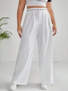 SHEIN EZwear 大碼高腰拼接細節闊腿褲 - 白色 - 查看 1